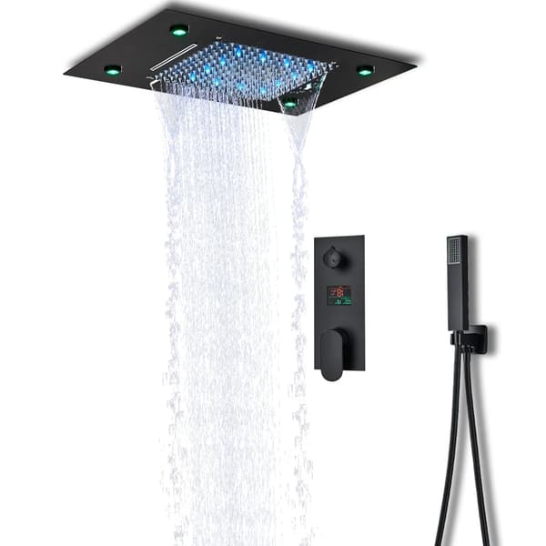 Loftmonteret bruserarmatur, regn- og vandfaldsfunktioner, fjernbetjening med LED-farver,Matte Black LED