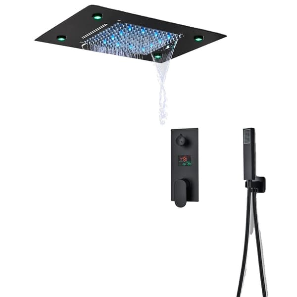 Loftmonteret bruserarmatur, regn- og vandfaldsfunktioner, fjernbetjening med LED-farver,Matte Black LED