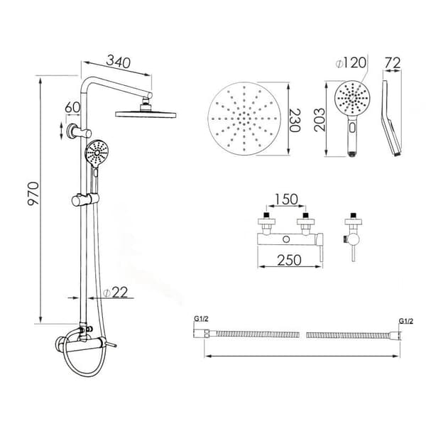 Guldbruser-sæt med antikalcteknologi, 23cm regnbruser & justerbar håndbruser