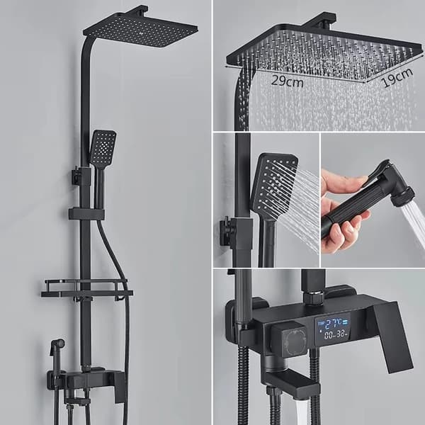 Digital Display Bruserarmatur, Termostatisk Kontrol, Justerbar Højde 80-120 cm,Sort Hot Kold