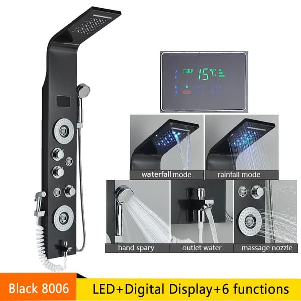 Bruserpanelarmatur med LED-display, seks vandtilstande, nem temperaturkontrol,Sort 8006