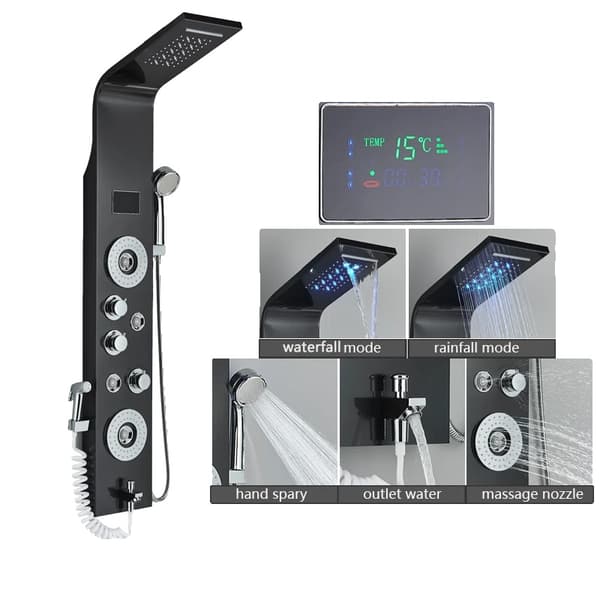 Bruserpanelarmatur med LED-display, seks vandtilstande, nem temperaturkontrol,Sort 8006