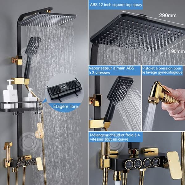 Duschpelare INN® övre spray 29x19cm med 4 sprinklerhuvuden och lyfthylla trycksättning rostfritt stål