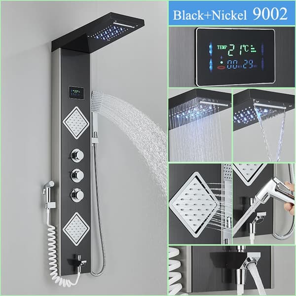 Multifunktionel Brusepanel med LED Display, Rustfrit Stål, Vægmonteret,Nikkel Sort-F-9002