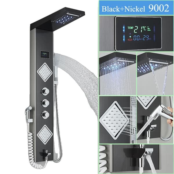 Multifunktionel Brusepanel med LED Display, Rustfrit Stål, Vægmonteret,Nikkel Sort-F-9002