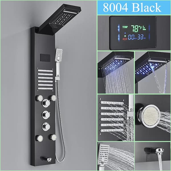 Multifunktionel Brusepanel med LED Display, Rustfrit Stål, Vægmonteret,Sort-F-8004