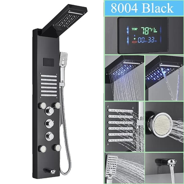 Multifunktionel Brusepanel med LED Display, Rustfrit Stål, Vægmonteret,Sort-F-8004