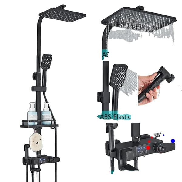 Termostatisk bruserarmatur, ABS bruserhoved, messingblandingsventil,Sort Th ABS