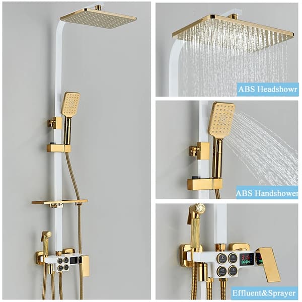 Termostatisk brusesystem, LED temperaturdisplay, stilfuldt design i rustfrit stål,Hvid Guld M