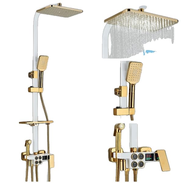 Termostatisk brusesystem, LED temperaturdisplay, stilfuldt design i rustfrit stål,Hvid Guld M