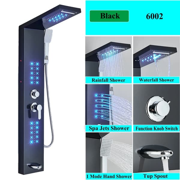 Bruserpanel System, LED Lys, Kropsmassage Jets,Sort 6002