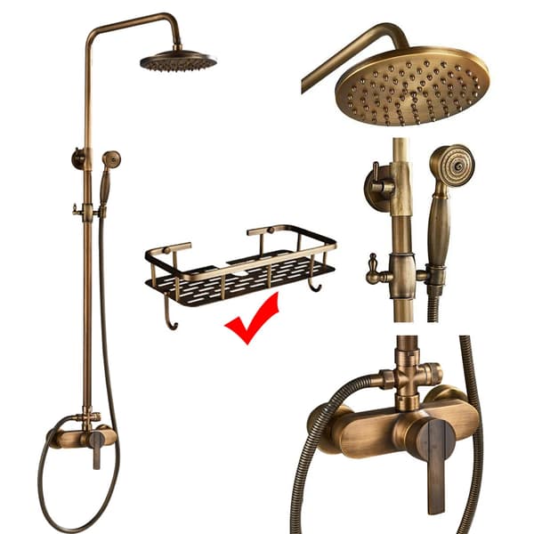 Antik Messing Brusesystem, Dobbelt Håndtag Design, 8 Tommer Regnbruserhoved,E med hylde