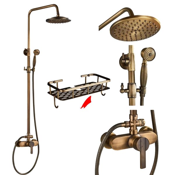 Antik Messing Brusesystem, Dobbelt Håndtag Design, 8 Tommer Regnbruserhoved,E med hylde