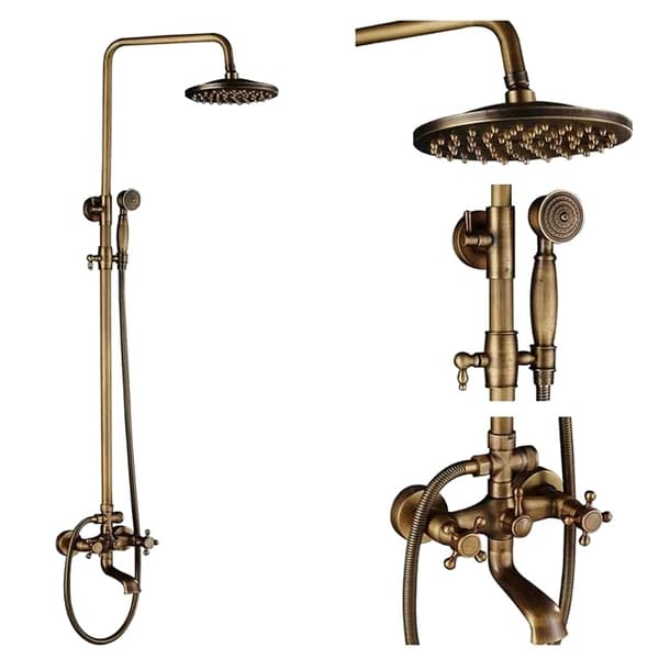 Antik Messing Brusesystem, Dobbelt Håndtag Design, 8 Tommer Regnbruserhoved,C ingen hylde