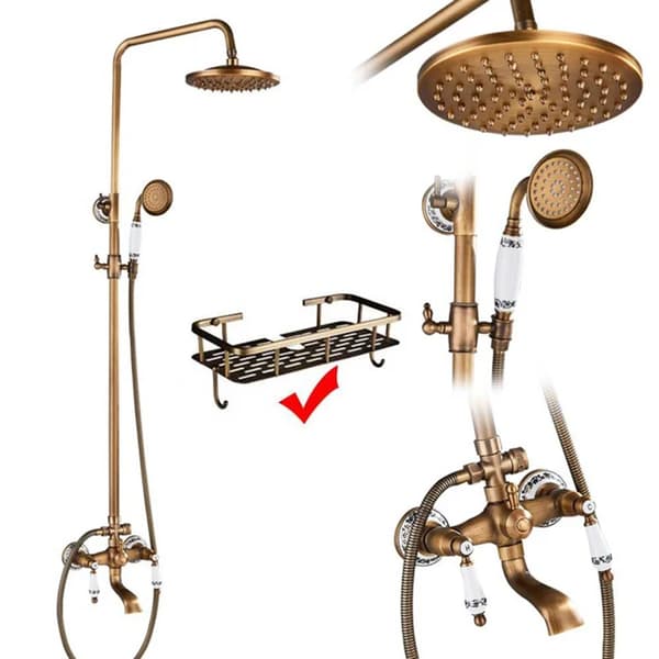 Antik Messing Brusesystem, Dobbelt Håndtag Design, 8 Tommer Regnbruserhoved,F med hylde