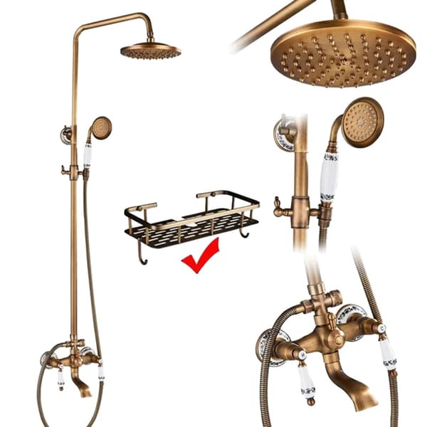 Antik Messing Brusesystem, Dobbelt Håndtag Design, 8 Tommer Regnbruserhoved,F med hylde