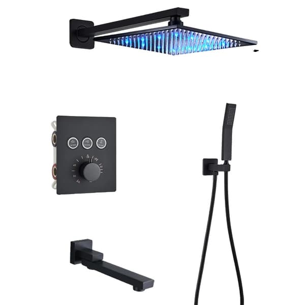 Brusearmatur, Termostatisk kontrol, Regnbruserhoved,Sort 12inch LED