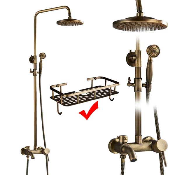 Antik Messing Bruserarmatur Sæt, Justerbar Højde 70-120 cm, Dobbelt Håndtag Kontrol,Antik Messing Rack B