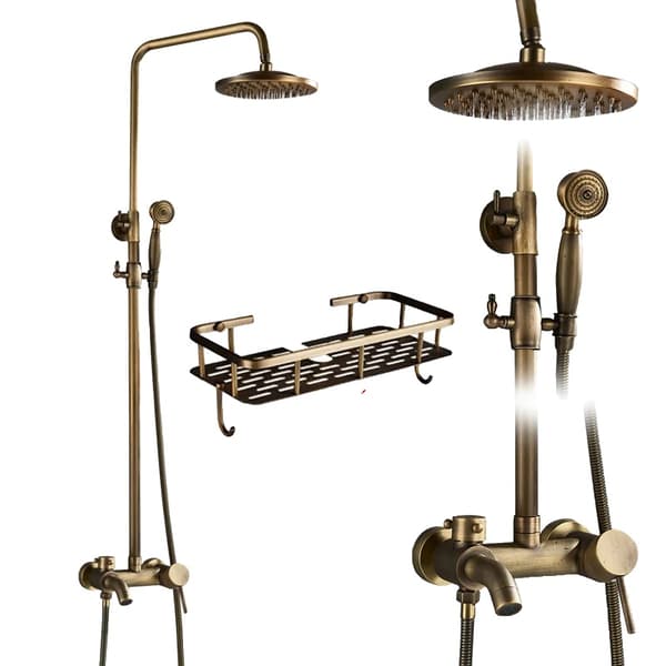 Antik Messing Bruserarmatur Sæt, Justerbar Højde 70-120 cm, Dobbelt Håndtag Kontrol,Antik Messing Rack B