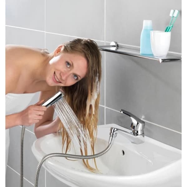 Tvättställsdusch - WENKO - Duo - Extra lång slang 150 cm - Rostfritt stål - Vattensparande