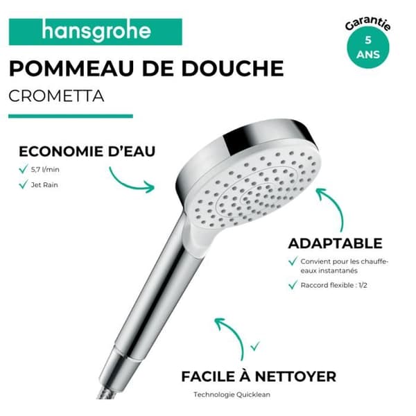 Handdusch - Hansgrohe - Crometta 1 jet - Vattensparande 6l/min - Vit/Krom - EcoSmart
