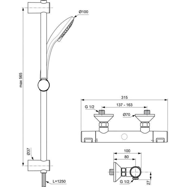 Termostatiskt duschset - CERATHERM T25 - 60 cm stång och rund handdusch Ø 10 cm 3J - Krom - Ideal Standard