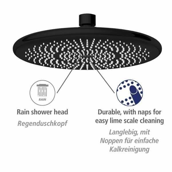 WENKO italiensk duschmunstycke, regnduschhuvud, 40 % vattenbesparing, plast, ø225 mm, mattsvart