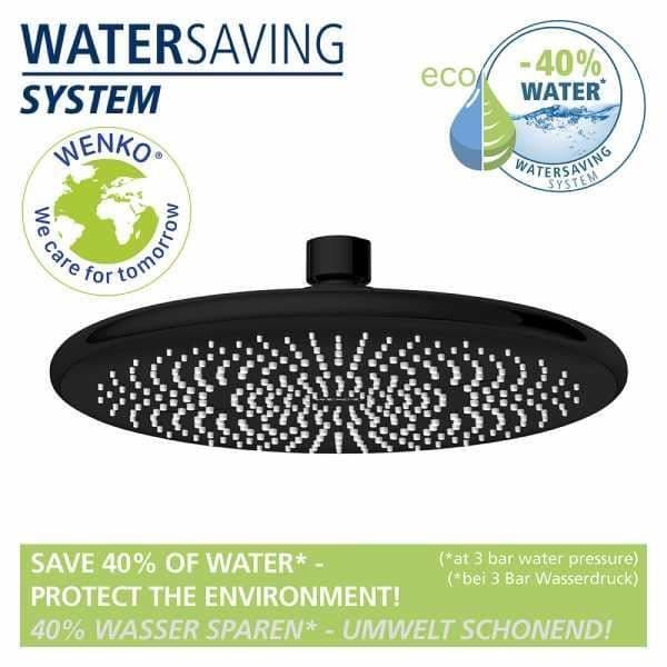WENKO italiensk duschmunstycke, regnduschhuvud, 40 % vattenbesparing, plast, ø225 mm, mattsvart
