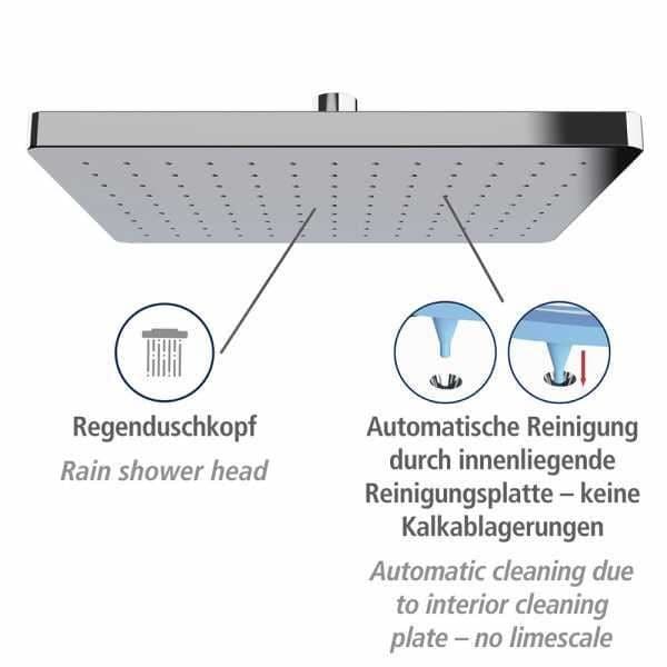 WENKO Automatic Cleaning anti-kalk regnduschhuvud, italiensk duschmunstycke, fyrkantig design, plast, 25x17 cm