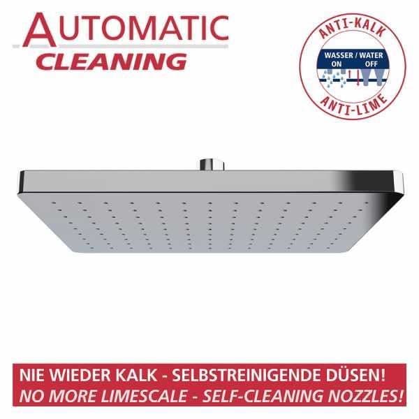 WENKO Automatic Cleaning anti-kalk regnduschhuvud, italiensk duschmunstycke, fyrkantig design, plast, 25x17 cm