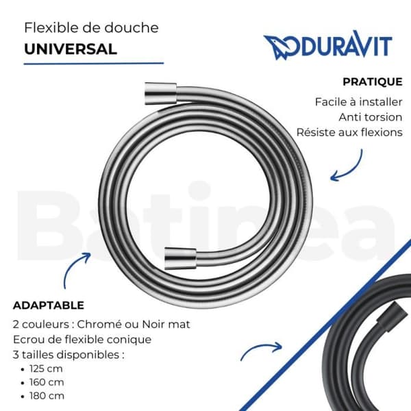 Flexibel duschslang - DURAVIT - Universal - 1,25 m - Matt svart - Anti-torsion