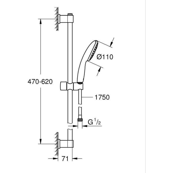 Brusesæt med 1-stråle brusehoved. 60 cm stang og 1.75 m fleksibel slange - GROHE Vitalio Start 110 27942001 - Vandbesparende - Krom