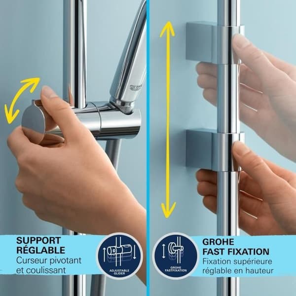Brusesæt med termostatblander, 3-strålet brusehoved, 60 cm stang og fleksibel slange - GROHE 34791001 - Vandbesparende - Krom