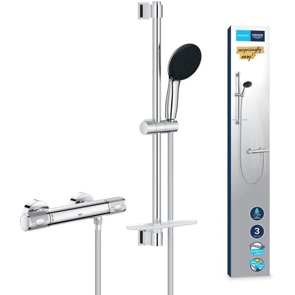 Brusesæt med termostatblander, 3-strålet brusehoved, 60 cm stang og fleksibel slange - GROHE 34791001 - Vandbesparende - Krom