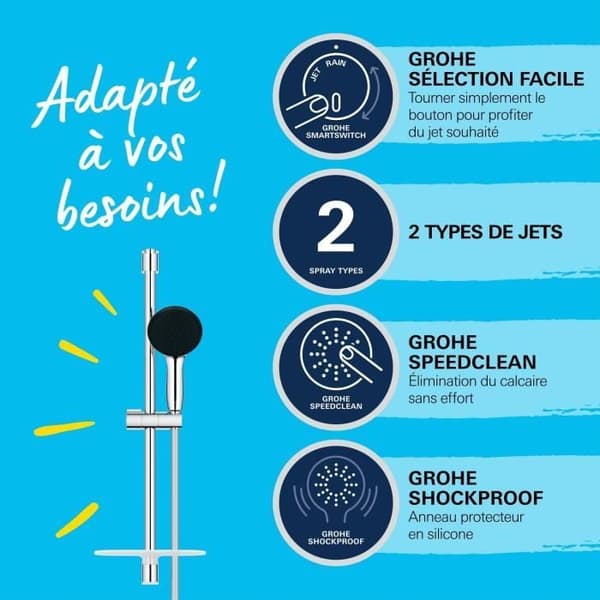 Duschset med 2-jets duschmunstycke, 60 cm stång, flexibel slang och hyllplan - GROHE Vitalio Start 110 26952001 - Vattenbesparande - Krom