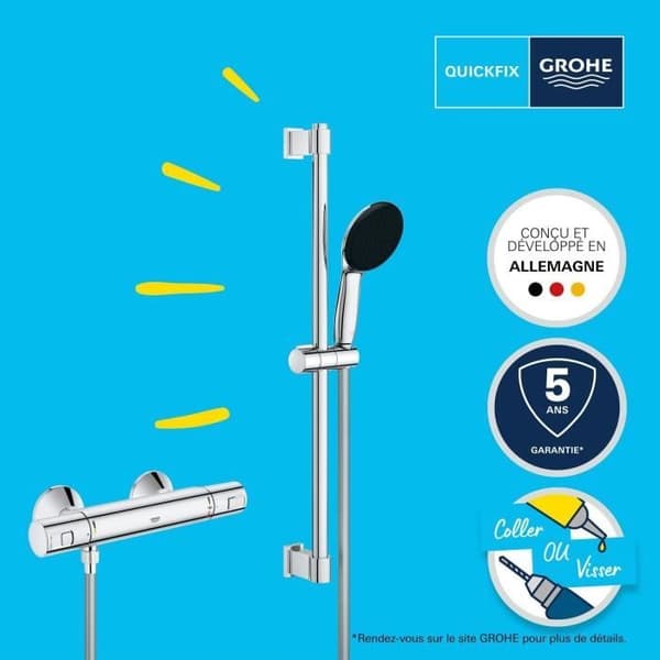 Brusesæt med termostatblander, 1-stråle brusehoved, 60 cm stang og fleksibel slange - GROHE 34597001 - Vandbesparende - Krom