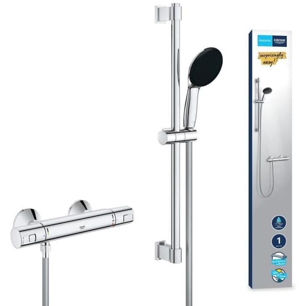 Brusesæt med termostatblander, 1-stråle brusehoved, 60 cm stang og fleksibel slange - GROHE 34597001 - Vandbesparende - Krom