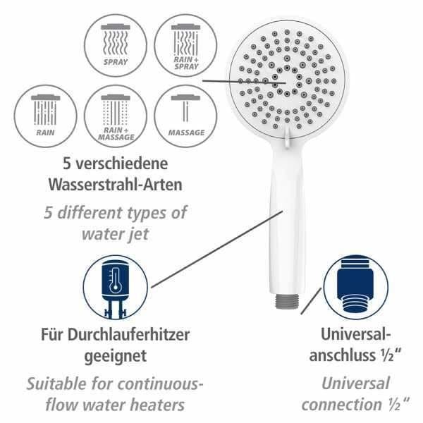 WENKO Young 5-spray duschhuvud, lätt att rengöra, universalanslutning 1/2", plast, ø 11 cm, vit