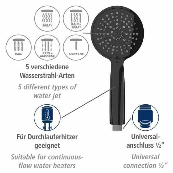 WENKO Young 5-spray duschhuvud, lätt att rengöra, universalanslutning 1/2", plast, ø 11 cm, svart