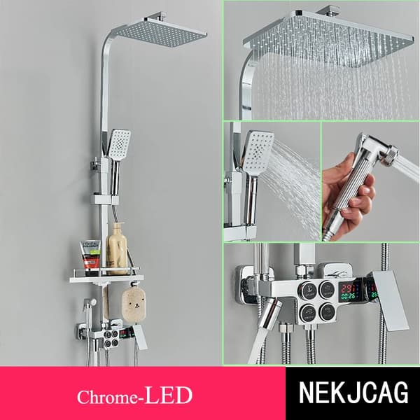 Termostatisk Duschblandare, Knappkontroll, LED-display,Krom B