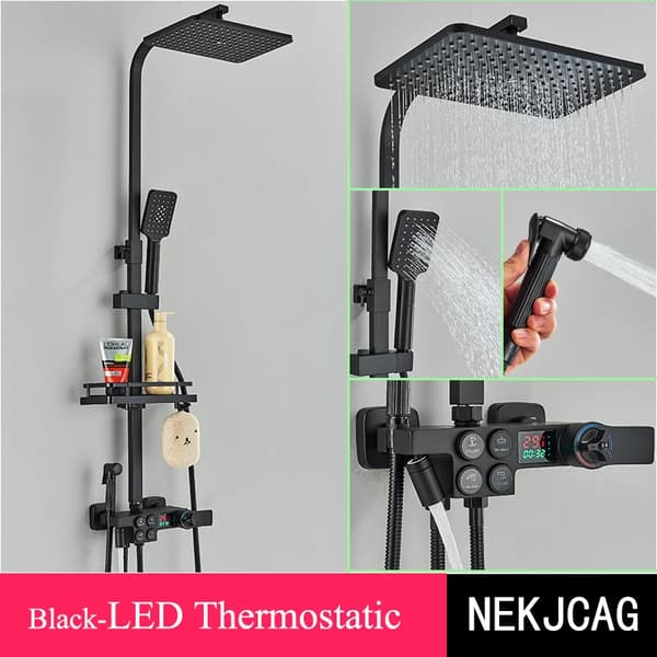 Termostatisk bruserarmatur, knapbetjening, LED-display,Sort termostatisk