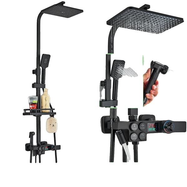 Termostatisk bruserarmatur, knapbetjening, LED-display,Sort termostatisk