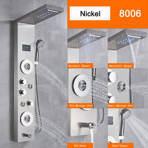 LED Duschpanel, Hållbar Messing Duschhuvud, Justerbar Höjd,Nickel 8006