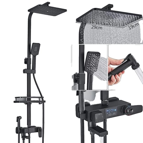 Digital Display Bruserarmatur, Termostatisk Kontrol, Justerbar Højde 80-120 cm,Sort termostatisk