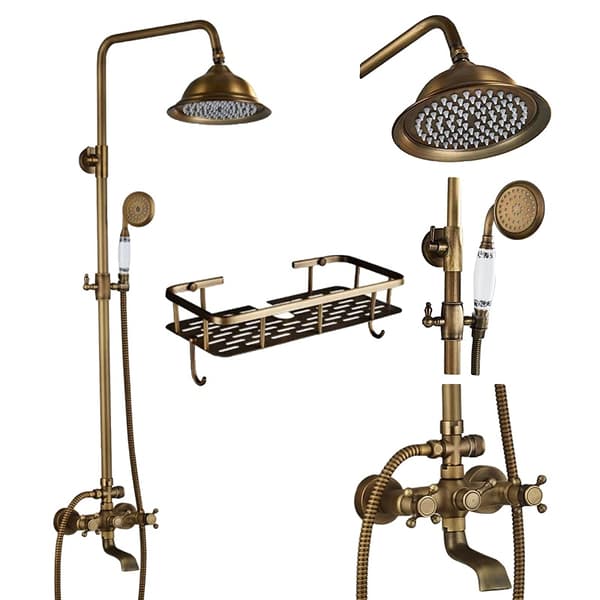 Antik mässingsduschset, dubbelhandtagsdesign, justerbar höjdfunktionalitet,Antik mässingsställ D