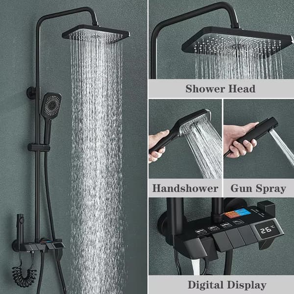 Gun Grey Piano Digital Duschset, 4-funktionsdesign, Väggmonterad,Svart med Digital