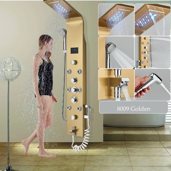 LED Duschpanel, Kall- och Varmvattenkontroll, Modern Design,8009 Guld