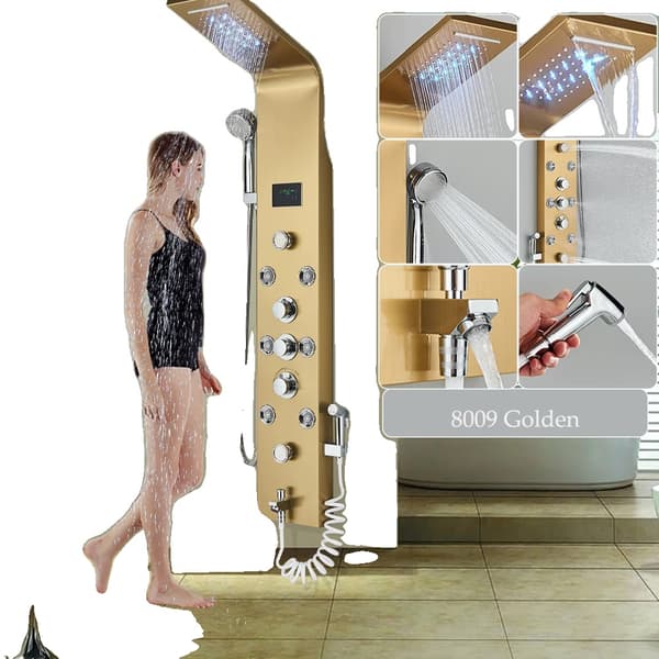 LED Duschpanel, Kall- och Varmvattenkontroll, Modern Design,8009 Guld