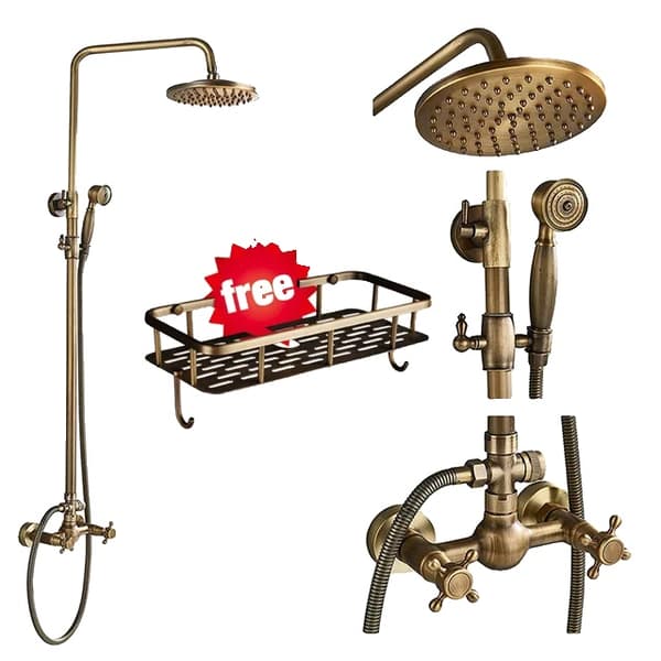 Antik Brass Suihkujärjestelmä, Kaksoiskahvadesign, 8 Tuuman Sateenvarjosuihkupää,B hyllyllä
