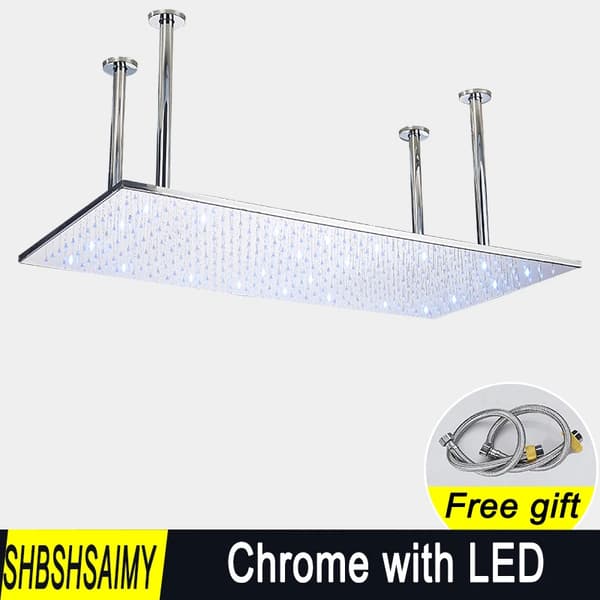 Krom Brusehoved, LED Lys, Stort Regnskyl,Krom med LED